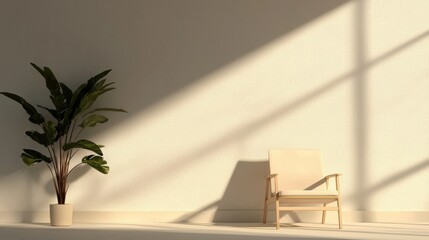 A minimalist living room with a large plant and a wooden chair.