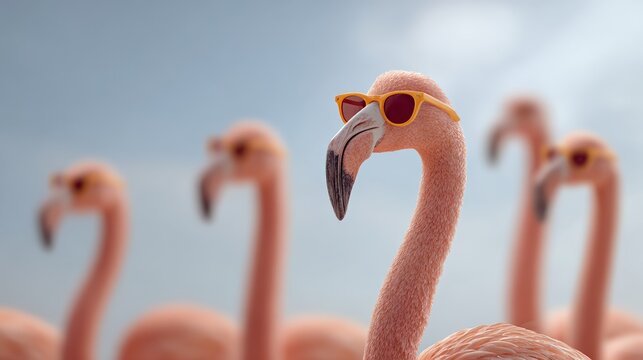 Pink flamingo stands out from the flock by wearing cool sunglasses, portraying concepts of individuality, leadership, confidence, summer style, and unique identity over a bright background