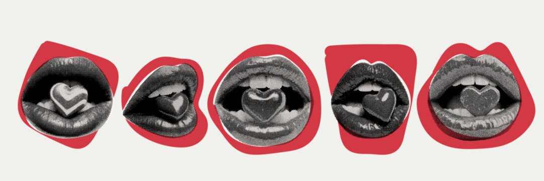 Grunge halftone lips biting heart candy with bold romance mood for valentine themed design