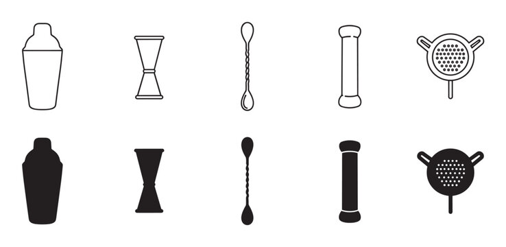 Black and white barware equipment icons featuring a cocktail shaker, jigger, bar spoon, muddler, and strainer in two distinct styles, outline and solid silhouette