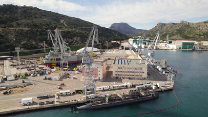 Aerial View of Cartagena Naval Base with Ship and Submarine, Spain © Travel