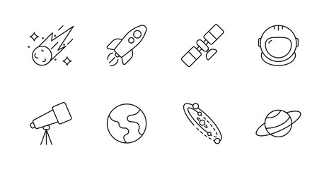 Space set icon. Comet, rocket, satellite, helmet, telescope, planet, orbit, Saturn shown in astronomy outline style. © Anastasia