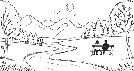 Moonlit Mountain Valley Coloring Page  © Sabit