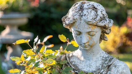 A weathered statue of a woman in a garden, holding a plant.