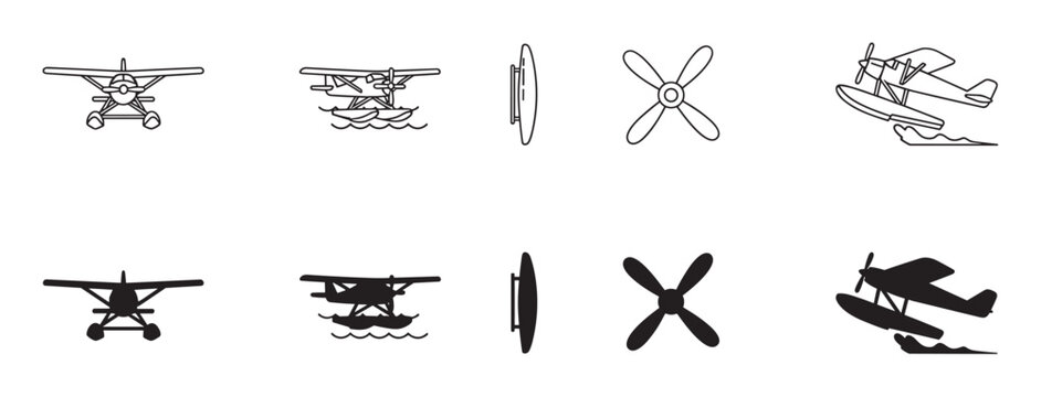 Set of seaplane and floatplane icons showing different views of the aircraft, including front, side, and takeoff, presented in both outline and solid silhouette graphic styles