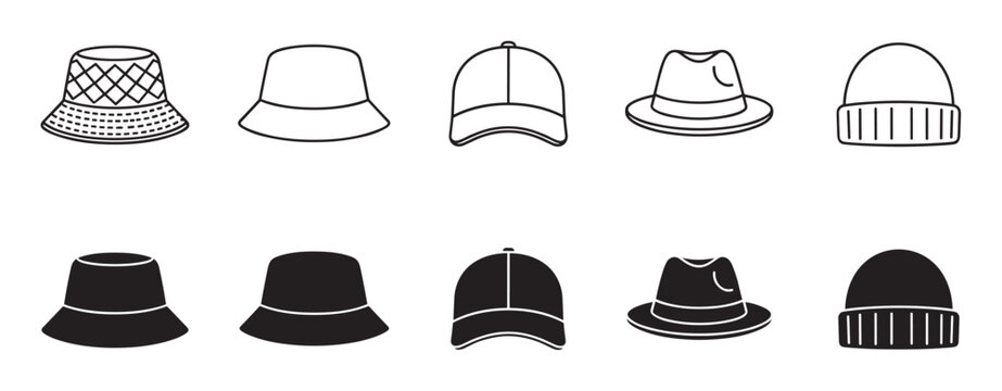Collection of black hat icons in line art and solid silhouette styles showing various headwear like bucket hats, baseball caps, fedoras, and beanies in a minimalist graphic set