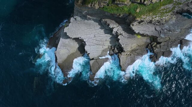 Aerial view from a drone of the coastline near Punta Ballota in the municipality of Suances. Cantabrian Sea. Cantabria. Spain. Europe