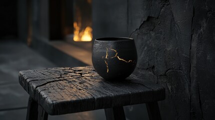 A black vase with a gold design sits on a wooden stool.