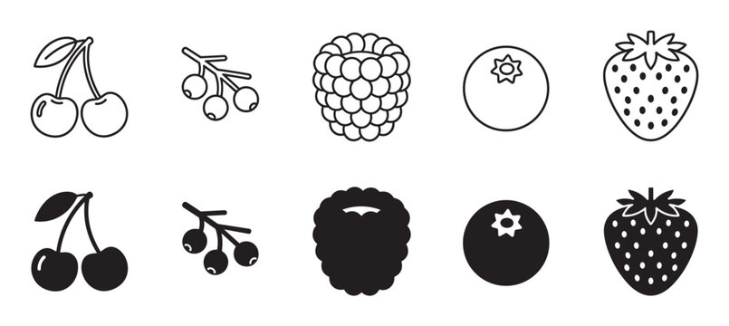 Berry fruit icon collection in outline and solid glyph styles featuring cherry, raspberry, strawberry, blueberry, and currant in a simple, minimalist black and white vector set