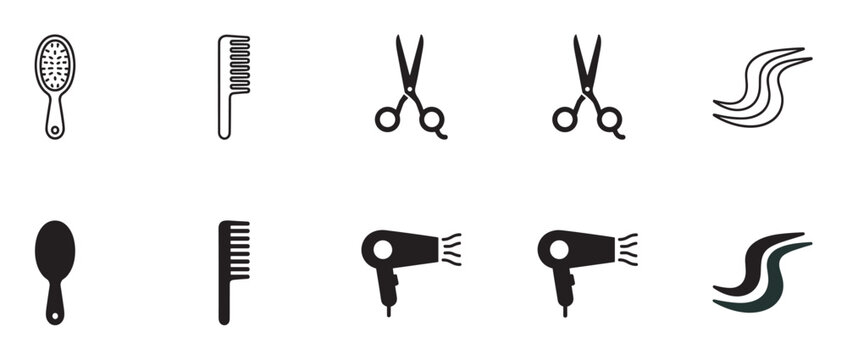 Hairdressing and barbershop tool icon set with a hairbrush, comb, scissors, and blow dryer shown in simple black outline and solid silhouette vector graphic designs