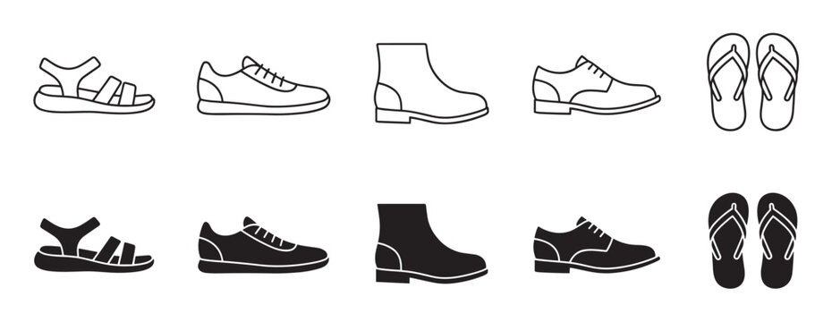 Collection of footwear icons showing various shoe types in both outline and solid silhouette styles, including sandals, sneakers, boots, formal shoes, and flip-flops