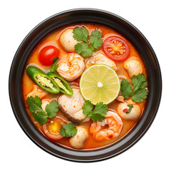 Overhead shot of vibrant tom yum soup with shrimp mushrooms and vegetables on transparent background