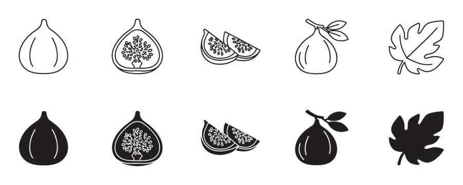 Fig fruit icon set with line art and solid silhouette styles showing whole, half, sliced, and leaf designs for graphic and web use, presented in a clean minimalist vector illustration