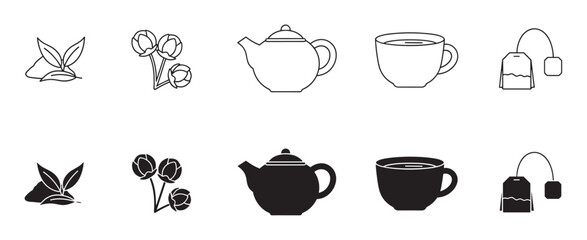 Set of black tea related icons showing leaves, flowers, a teapot, a cup, and a teabag in both minimalist line art and solid silhouette graphic styles