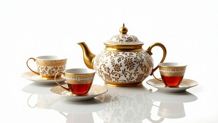 Fototapeta premium Elegant tea set with teapot and three cups on saucers, luxurious floral design, gold accents, and amber liquid, ornate, refined, still life composition, high-end, beautiful