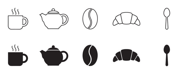 Black coffee and tea breakfast icon set in minimalist outline and solid glyph styles, featuring a steaming cup, teapot, bean, croissant, and spoon for cafe or restaurant menus
