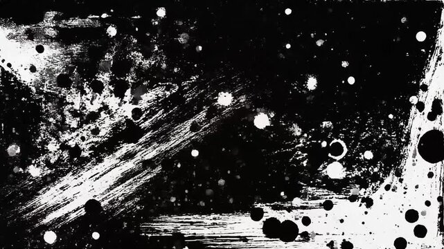 Black and white abstract composition with grunge splatter shapes and dynamic dotted clusters. 