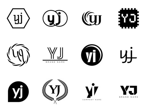 YJ logo company template. Letter y and j logotype. Set different classic serif lettering and modern bold text with design elements. Initial font typography.