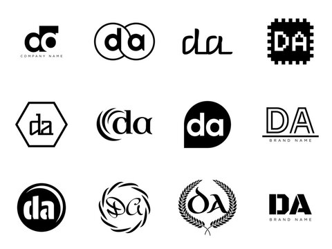 DA logo company template. Letter d and a logotype. Set different classic serif lettering and modern bold text with design elements. Initial font typography.