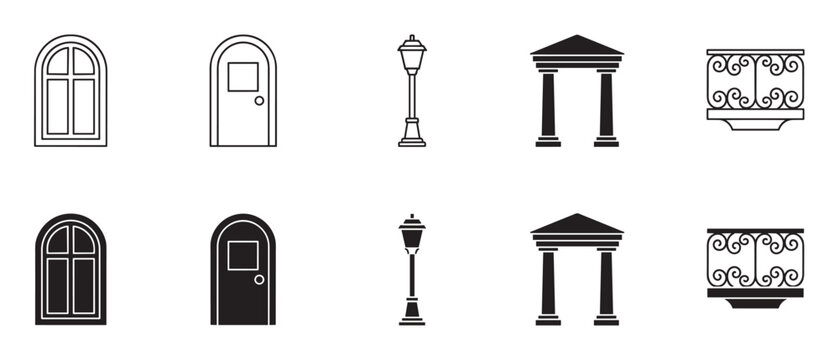Collection of black architectural design icons showing a window, door, street lamp, entrance, and balcony in two distinct styles: thin line art and solid black silhouette