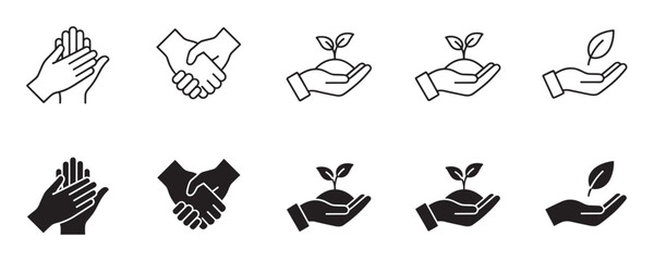 Set of hand gesture icons for environmental care, sustainability, and partnership, shown in minimalist black outline and solid glyph styles for various design concepts