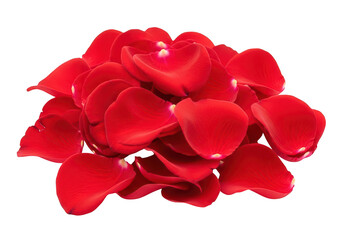 Pile of red rose petals on a white surface for decoration or romantic ambiance creation isolated on transparent background