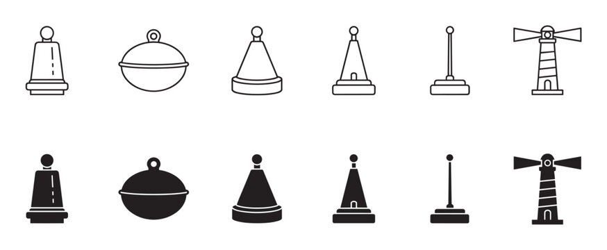 Maritime navigation buoy and lighthouse icon set in line art and solid glyph styles, featuring various sea markers and a beacon tower for marine safety and direction