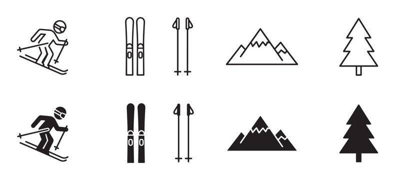 Black ski and winter sport icon set featuring a skier, skis, poles, mountains, and a tree in both outline and solid silhouette graphic styles