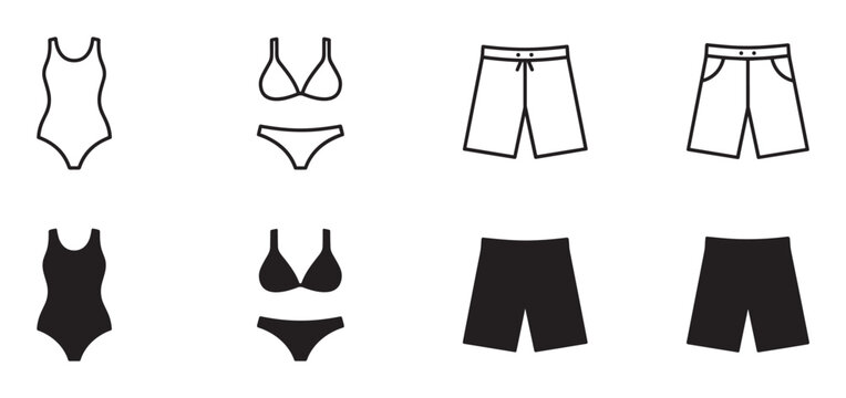 Swimwear icon set with swimsuits and trunks for men and women, featuring minimalist line art and solid black silhouette styles for summer and vacation concepts