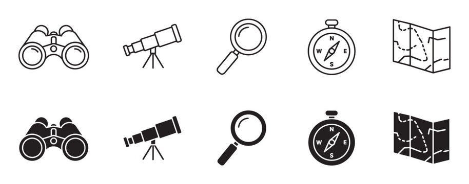 Set of black and white vector icons for travel and exploration, featuring binoculars, a telescope, a magnifying glass, a compass, and a map in both outline and filled glyph variations