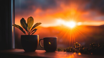 Sunset with Mug and Plant