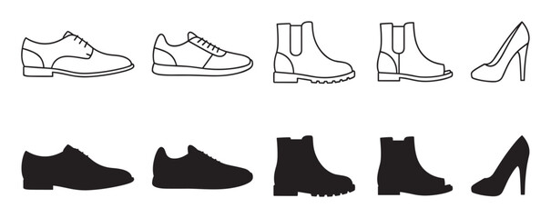 Fototapeta premium Collection of black footwear icons showing various shoe types in both outline and silhouette styles, including sneakers, boots, dress shoes, and high heels for men and women