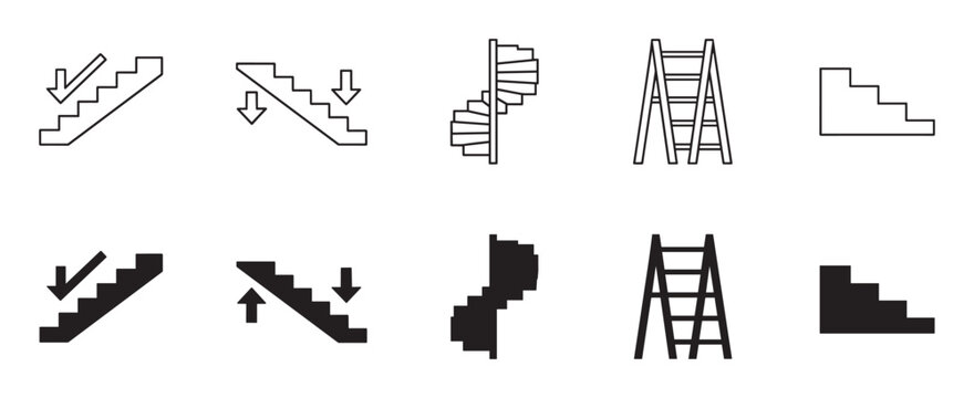 Collection of black stair and ladder icons in minimalist line art and solid silhouette styles, including spiral staircases, stepladders, and directional arrows for up and down