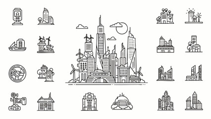 Naklejka premium Smart City Line Art Icons Set. Modern Urban Architecture, Sustainable Development, Technology, and Future Cityscape Elements Collection.
