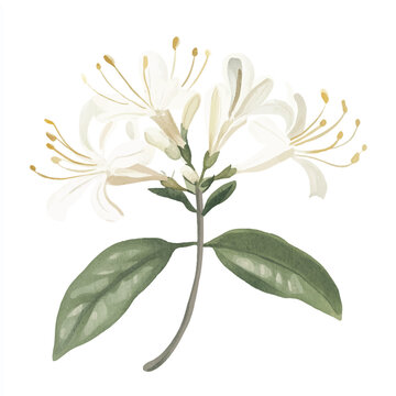 White Honeysuckle Flowers Botanical Illustration.