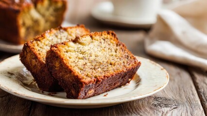 Two slices of banana walnut bread on a plate. Concept Banana walnut bread, Plate presentation, Cozy breakfast, Food photography, Rustic setting