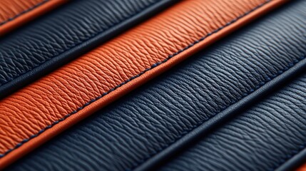 A close-up image of a leather strap with orange and blue leather strips.