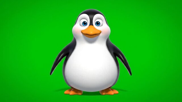 A cartoon penguin stands on a green background, viewed from the front with a cheerful expression