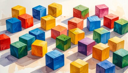 Obraz premium Colorful abstract cubes scattered in a geometric arrangement on a light background, creating a vibrant and playful modern art composition.
