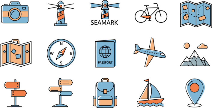 Flat Travel and Navigation Icon Set with Camera Lighthouse Bicycle Map Airplane Backpack and Adventure Symbols