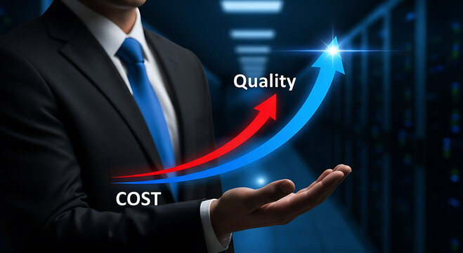 Business growth chart showing rising quality and decreasing production cost
