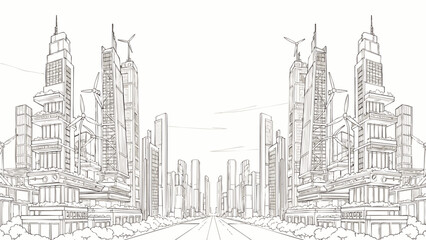 Fototapeta premium Detailed line art sketch of a futuristic sustainable city skyline with eco-friendly buildings and wind turbines, showcasing modern urban development and green architecture.