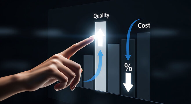 Businessman analyzing graph showing rising quality and falling costs