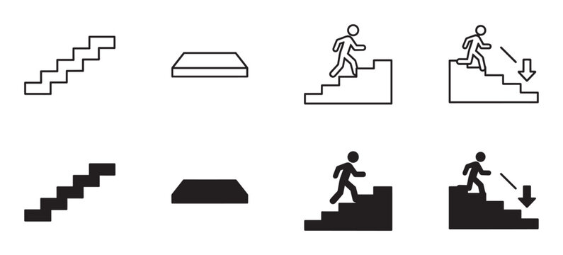 Collection of black stair and step icons in both outline and solid fill styles, showing a stick figure walking upstairs and downstairs with a directional arrow for signage