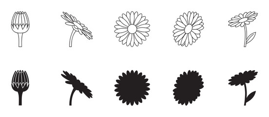 Set of black flower icons showing different stages of blooming, including a bud, opening flower, and full bloom, presented in both outline and solid silhouette styles for graphic design