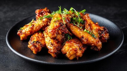 C crispy glazed chicken wings with sesame seeds and fresh herbs on a dark plate. Concept Crispy glazed chicken wings, Sesame seeds garnish, Fresh herbs, Dark plate presentation