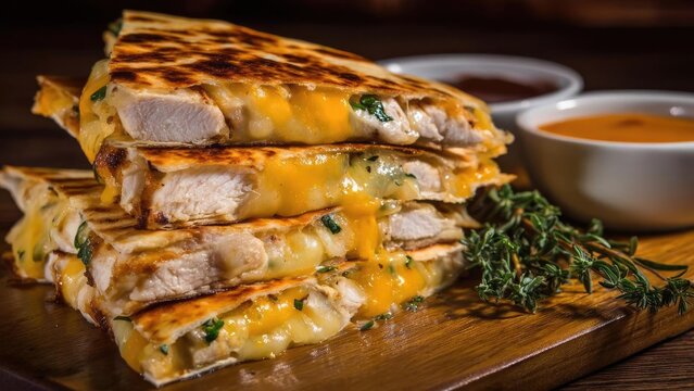 Stack of grilled chicken quesadillas with melted cheddar and herbs, served with dipping sauces on a wooden board. Concept Grilled chicken quesadillas with melted cheddar