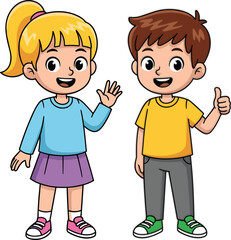 Image Title Cheerful Cartoon Boy And Girl Mascot Characters Standing Together Smiling Waving And Giving A Thumbs Up For Education And Friendship Concept Vector Illustration © Md Nuruzzaman Mondol