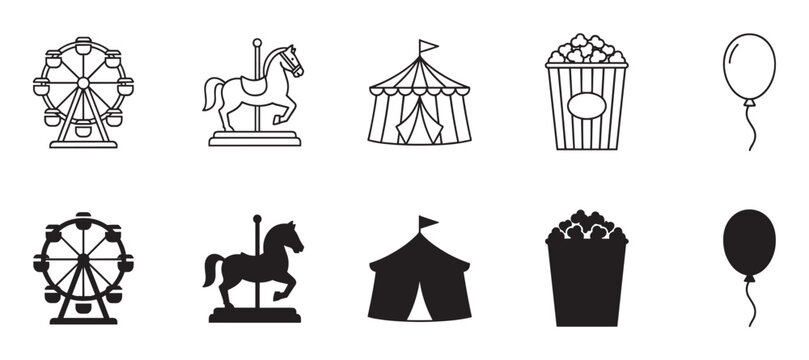Set of black carnival icons showing a ferris wheel, carousel horse, circus tent, popcorn, and balloon in both line art and solid silhouette graphic styles