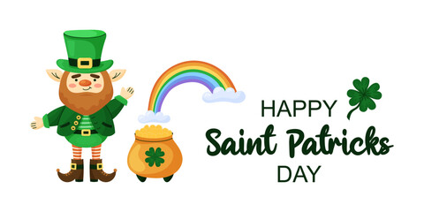Horizontal web banner for Saint Patricks Day. Cute leprechaun and rainbow. Holiday greeting card. Hand drawn vector illustration. © plaksik13